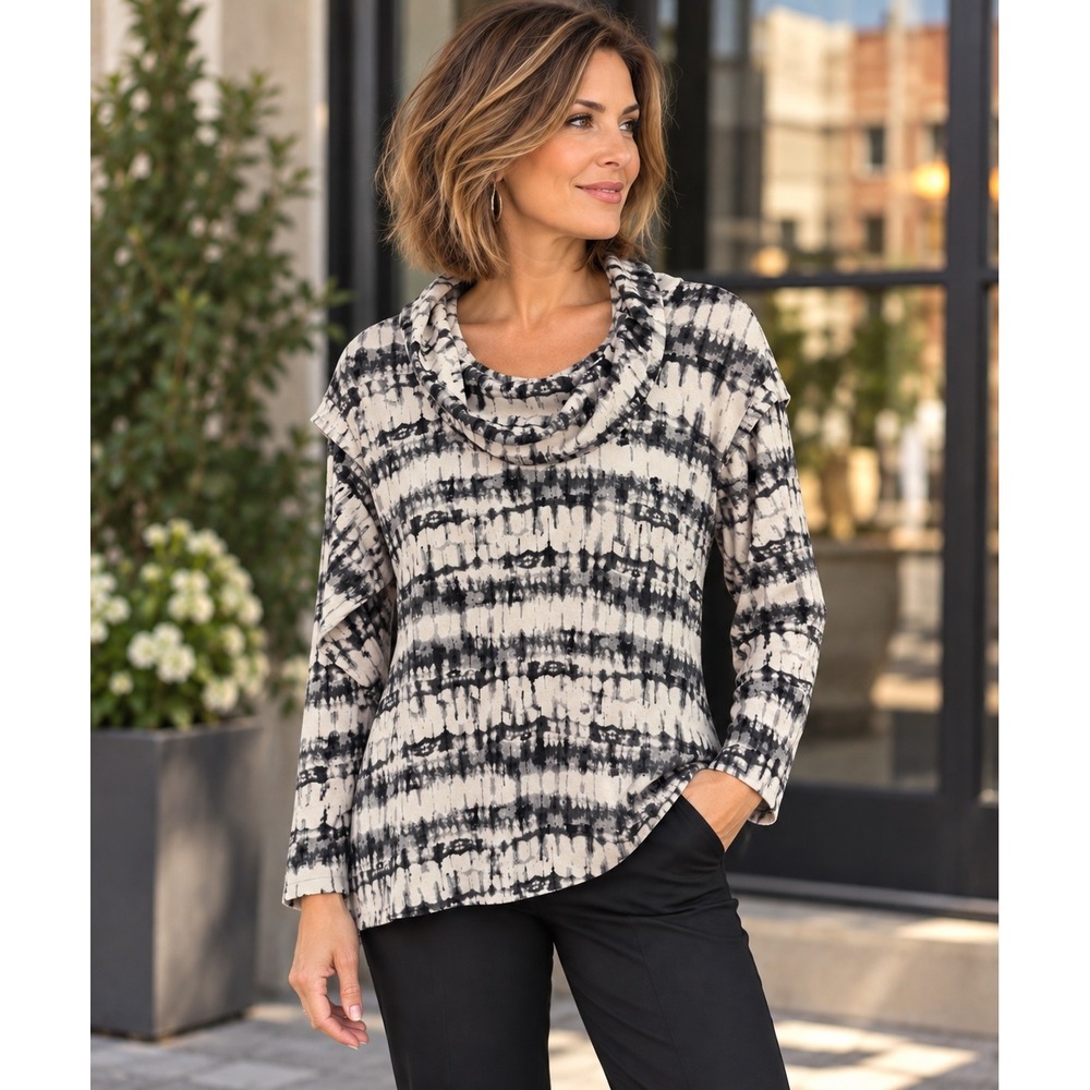 Black White Abstract Cowl Neck Top M Long Sleeve Artsy Layered Shoulder
